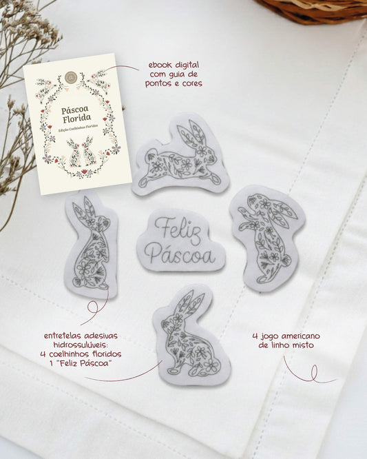 Jogo Americano de Páscoa Coelhinhos Floridos: jogo americano + entretela adesiva com risco + e-book