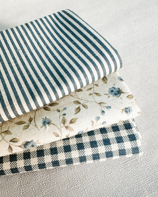 3 cortes Fat quarter de algodão com linho estampado azul petróleo