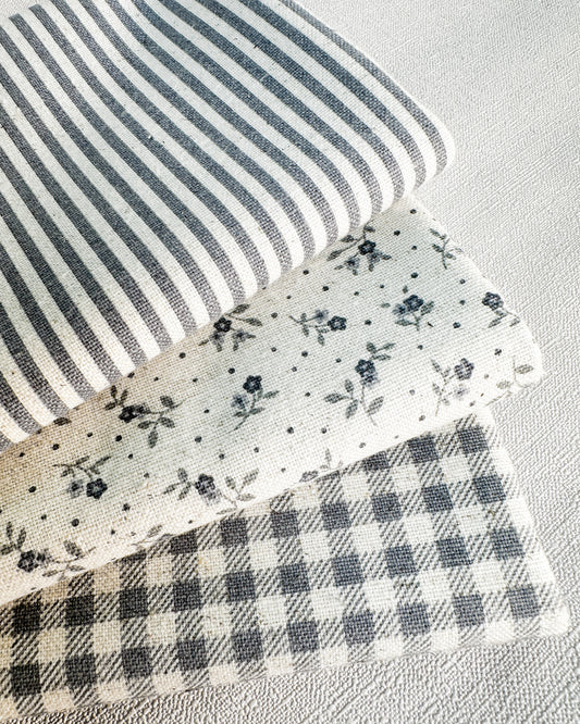 3 cortes Fat quarter de algodão com linho estampado azul grafite