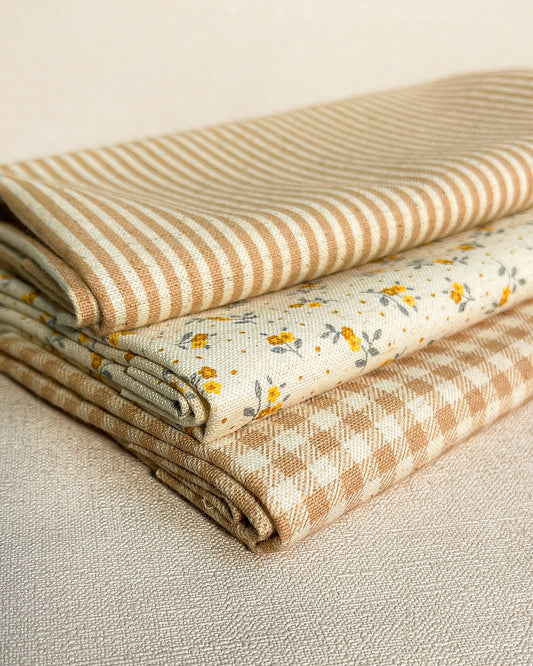 3 cortes Fat quarter de algodão com linho estampado bege