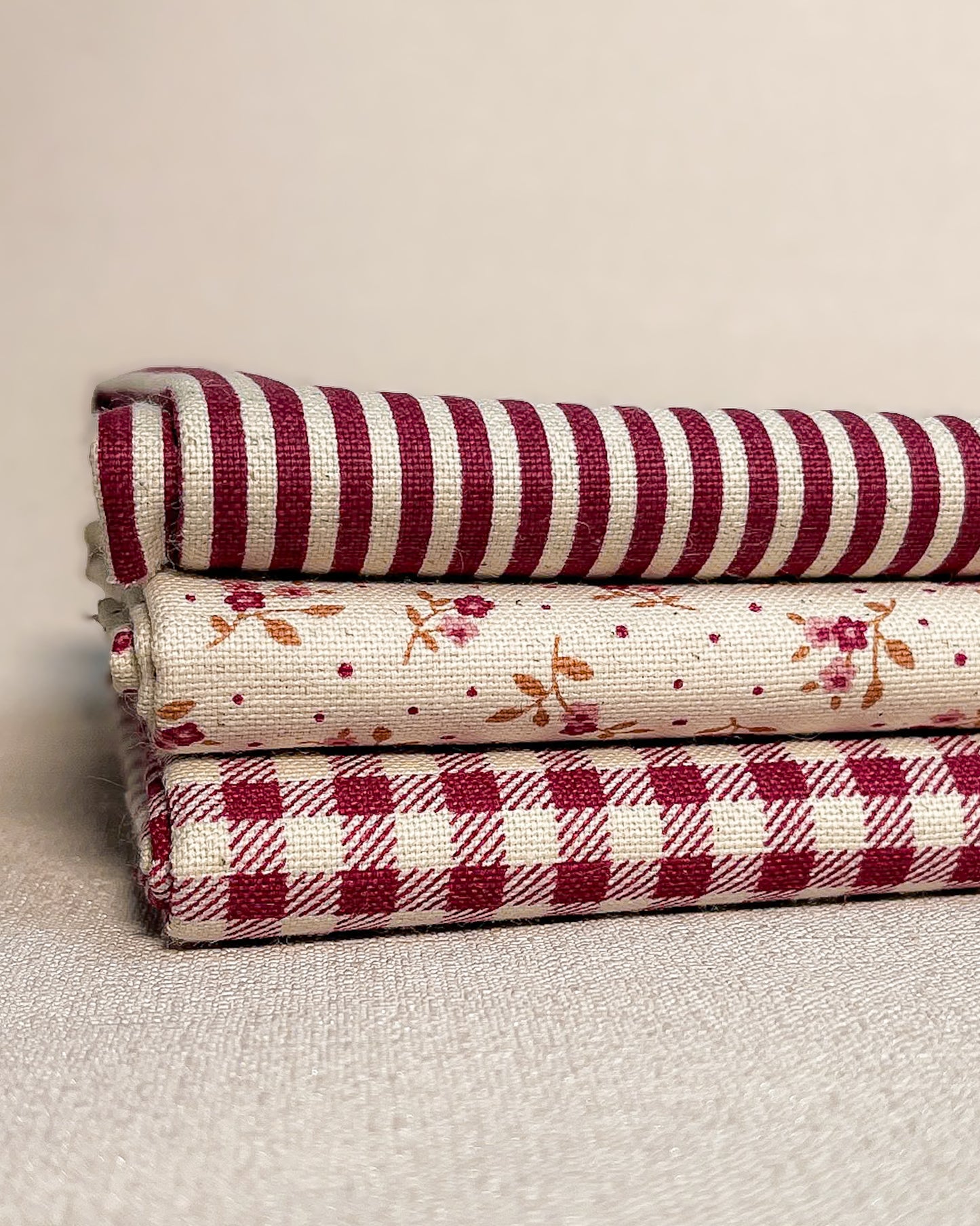 3 cortes Fat quarter de algodão com linho estampado vinho
