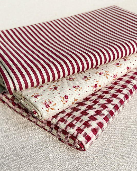 3 cortes Fat quarter de algodão com linho estampado vinho