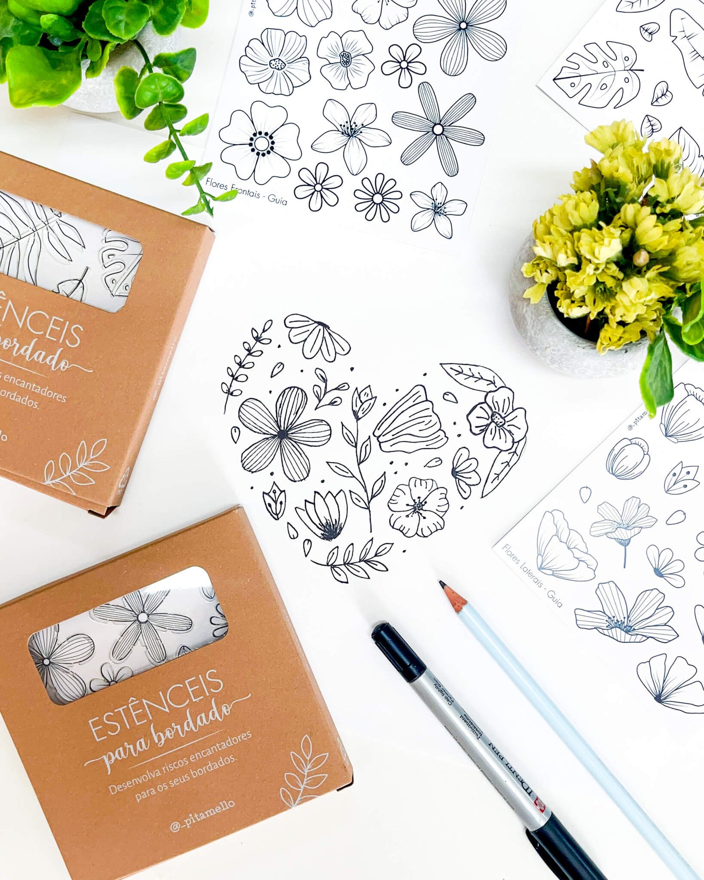 Kit estênceis de flores - Jardim criativo