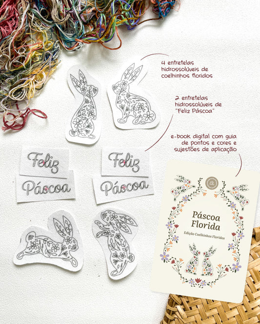 Kit Coelhinhos Floridos: entretela adesiva com risco + e-book