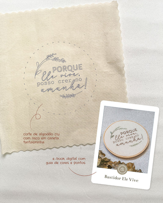 Kit bastidor de Páscoa "Ele vive" - tecido riscado + e-book