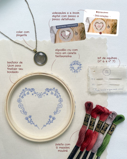Kit Quero Bordar - Dois corações Bastidor + Colar Pingente