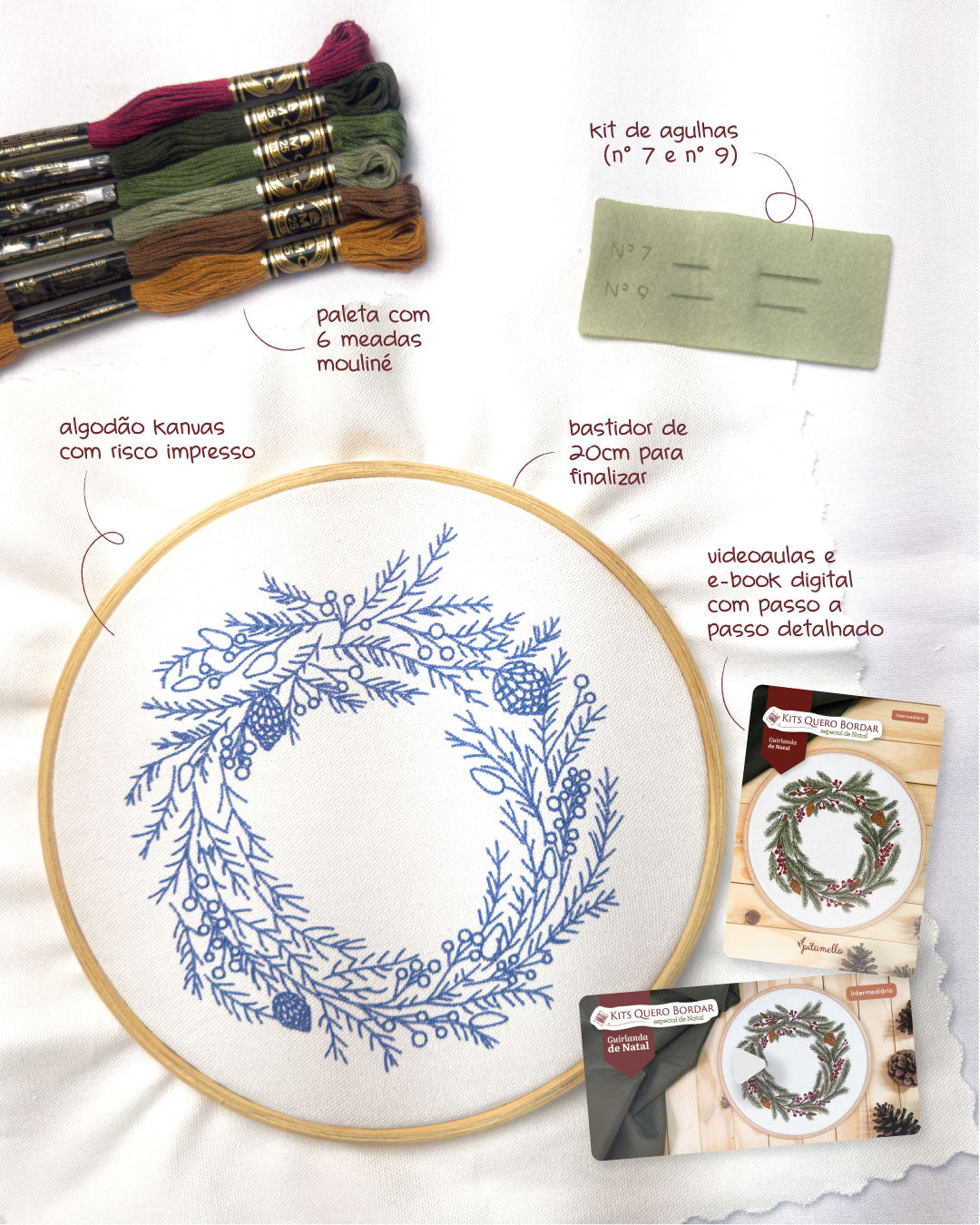 Kit Quero Bordar Guirlanda de Natal - Material completo + vídeo aula