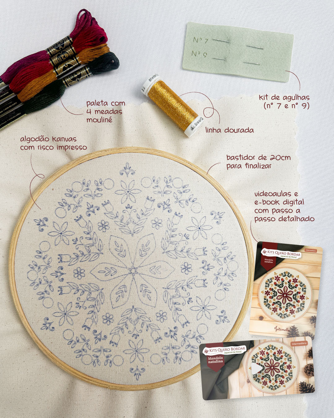 Kit Quero Bordar Mandala Natalina - Material completo + vídeo aulas