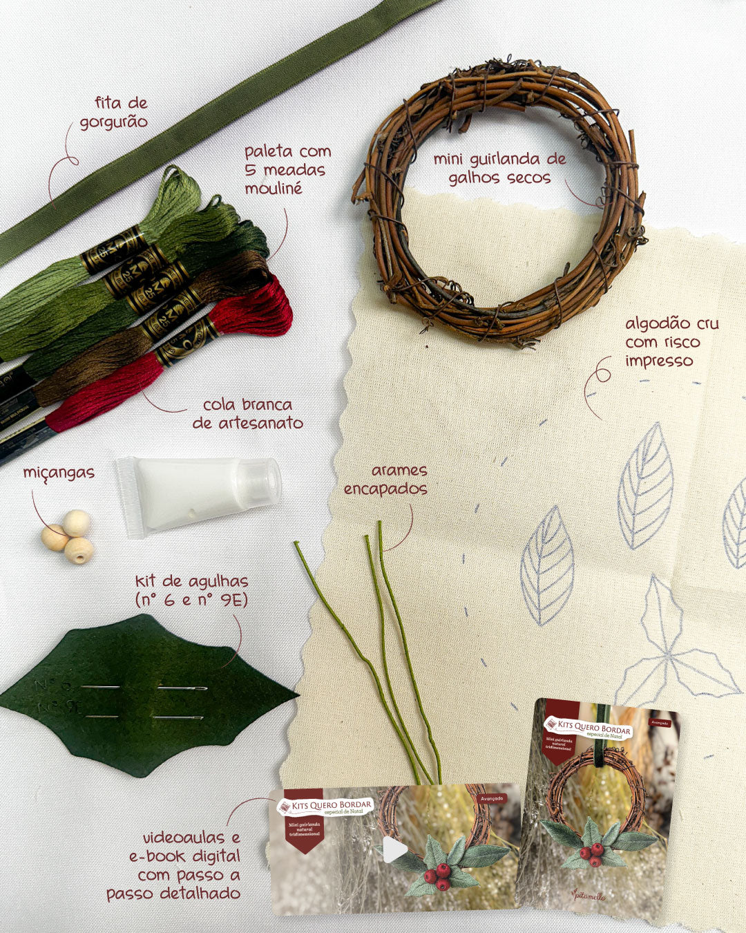 Kit Quero Bordar Mini Guirlanda Natural 3D - Material completo + vídeo aulas