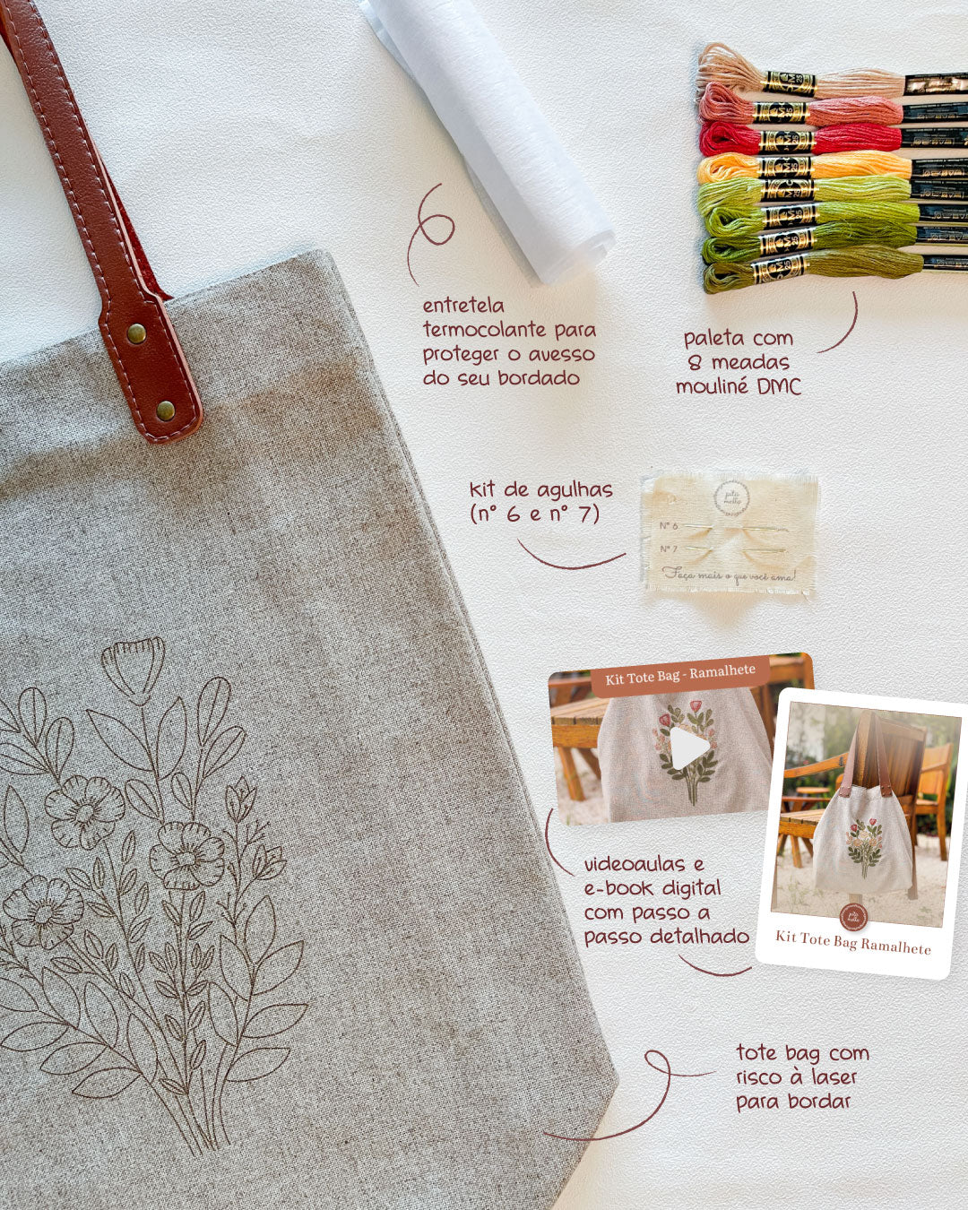 Kit Quero Bordar: Tote bag com risco a laser Ramalhete