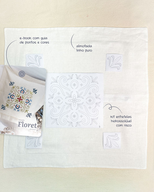 Floret - Capa de almofada optical white + entretela adesiva com risco + e-book