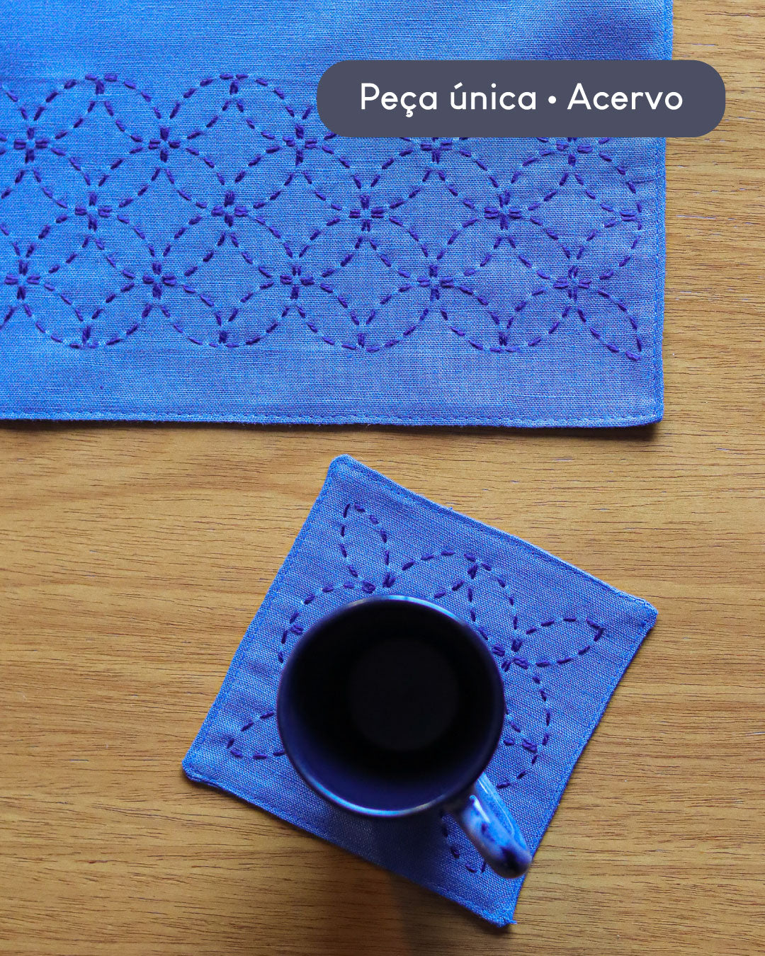 Jogo americano e porta copo bordados a mão sashiko | Peça única - Acervo