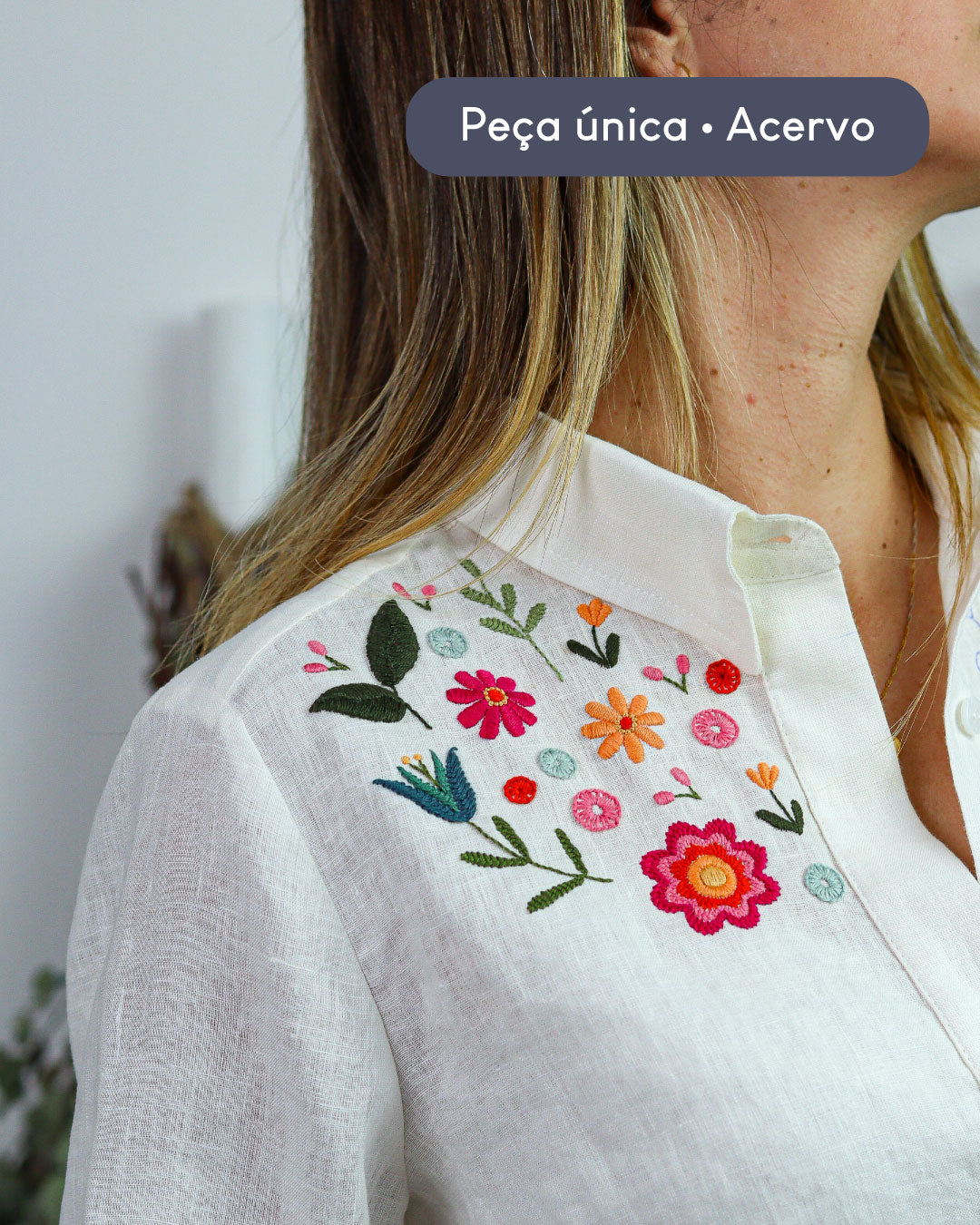 Camisa linho puro bordado mexicano floral  | Peça única - Acervo