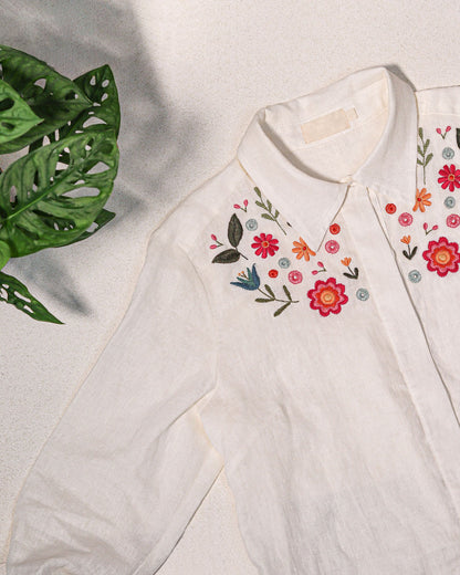 Camisa linho puro bordado mexicano floral  | Peça única - Acervo