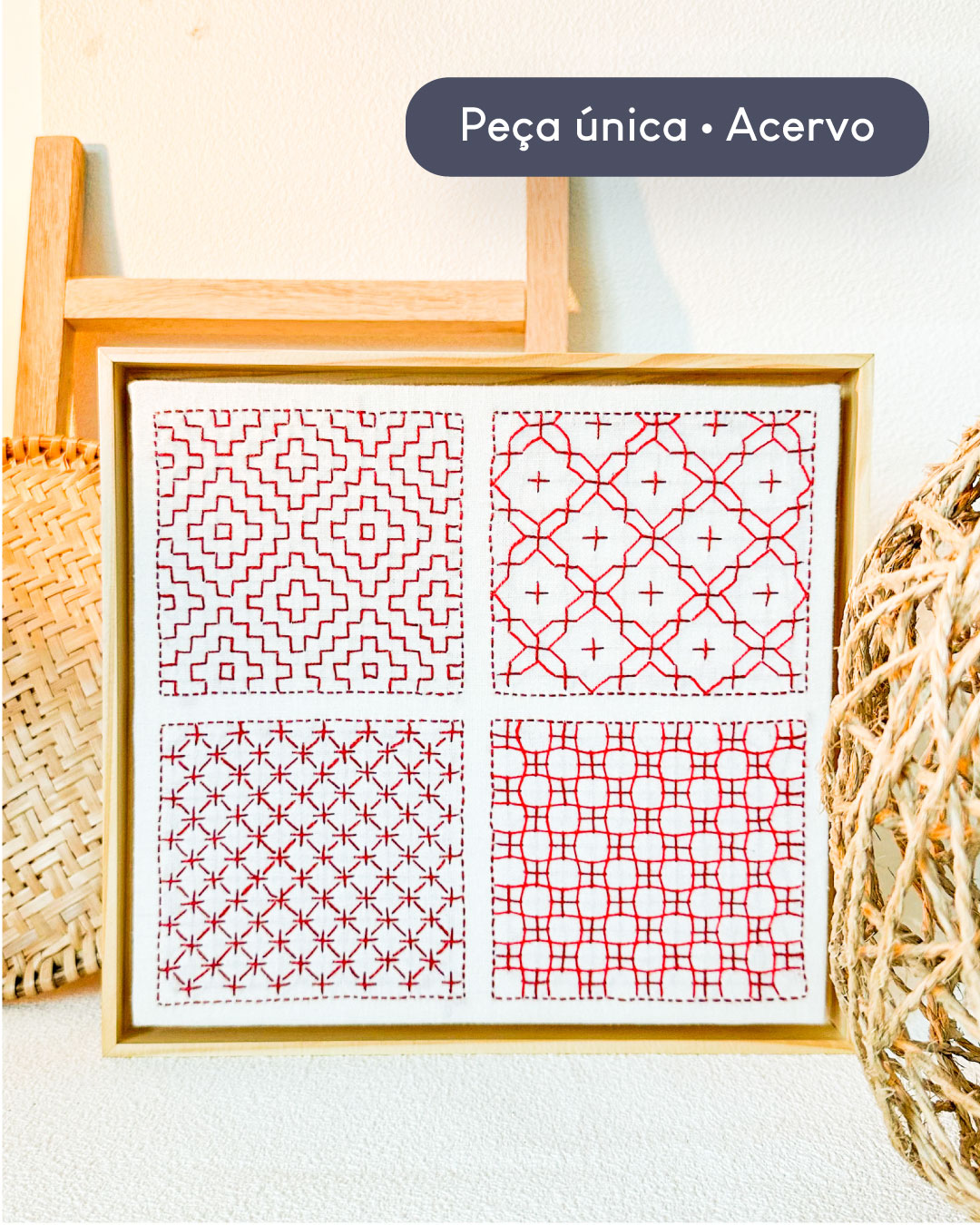 Moldura 25x25cm bordada a mão sashiko | Peça única - Acervo
