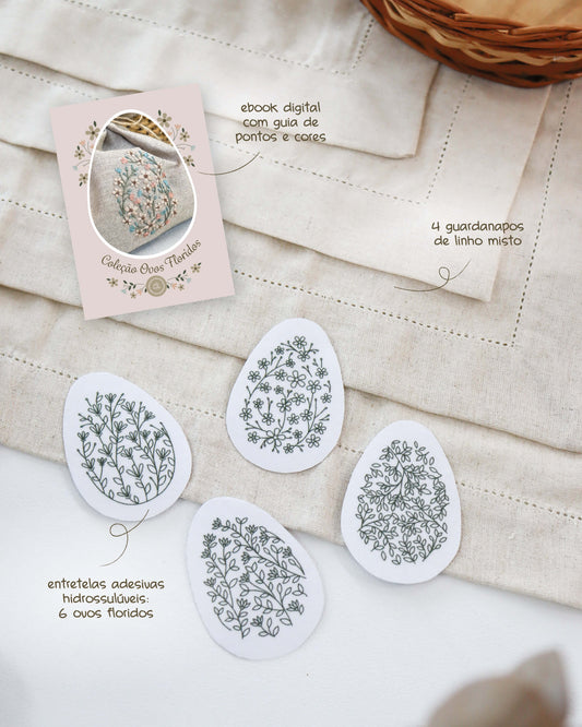 Guardanapo de Páscoa Ovos Floridos: guardanapo + entretela adesiva com risco + e-book