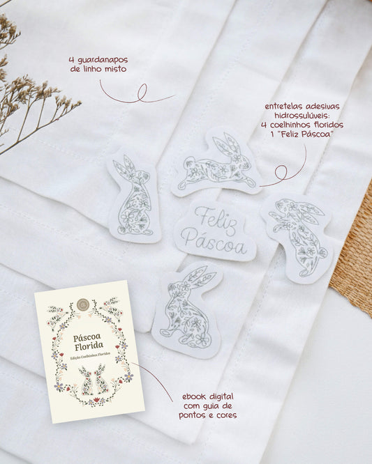Guardanapo de Páscoa Coelhinhos Floridos: guardanapo + entretela adesiva com risco + e-book