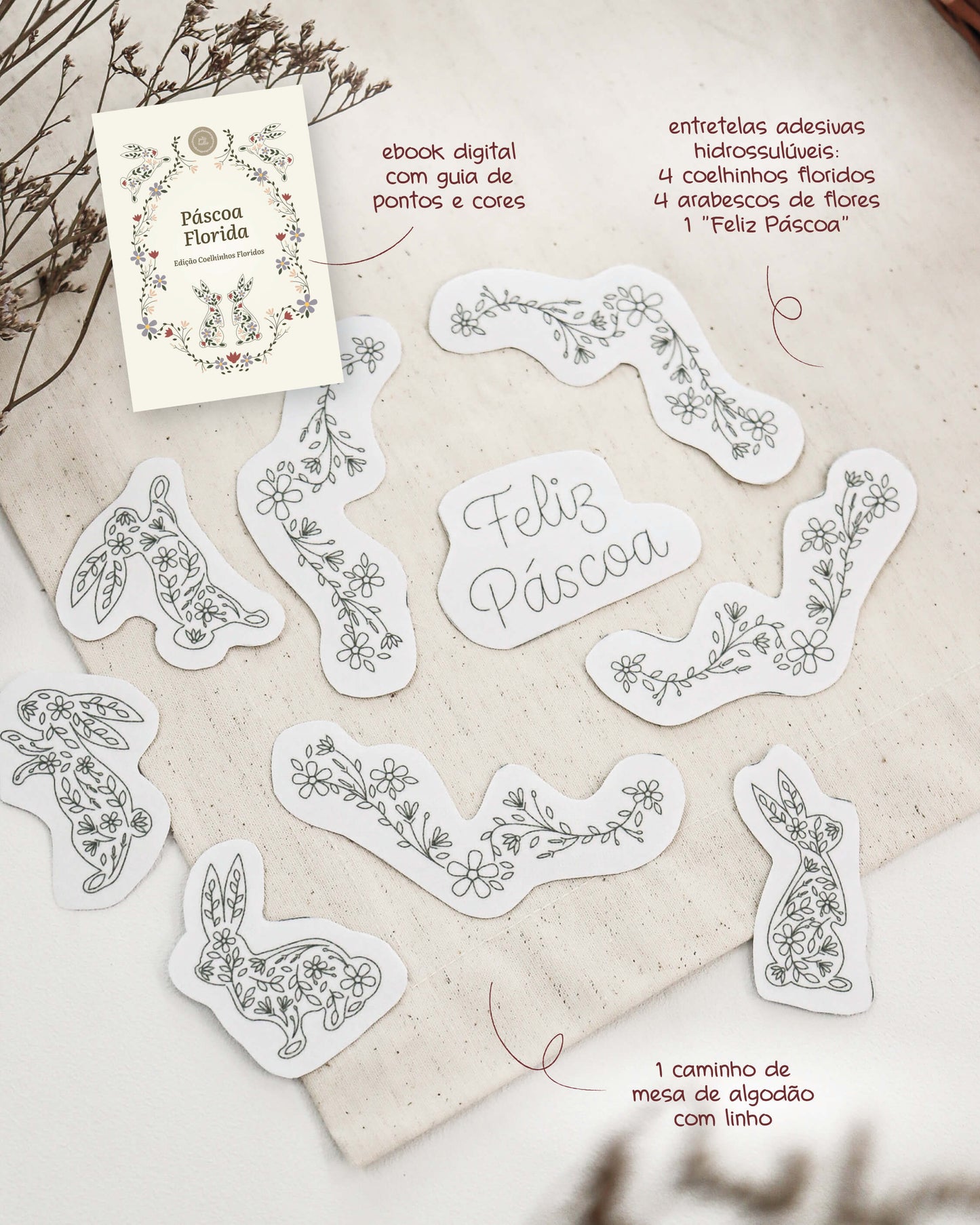 Caminho de Mesa de Páscoa Coelhinhos Floridos: caminho de mesa + entretela adesiva com risco + e-book