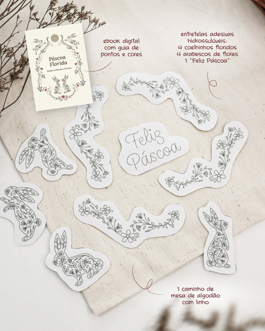 Caminho de Mesa de Páscoa Coelhinhos Floridos: caminho de mesa + entretela adesiva com risco + e-book