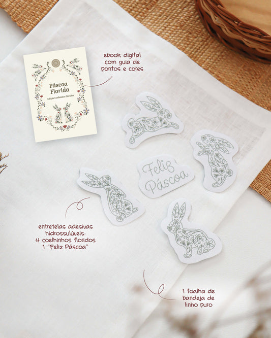 Toalha de Bandeja de Páscoa Coelhinhos Floridos: toalha + entretela adesiva com risco + e-book