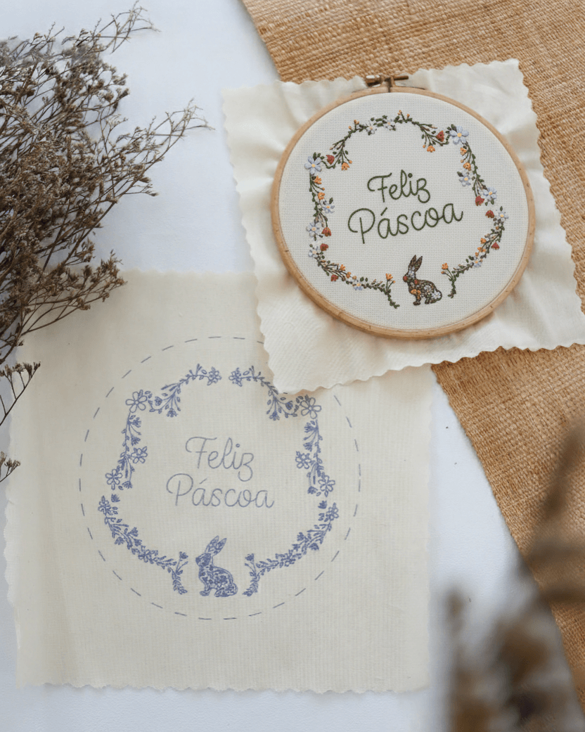 Prontos para Bordar – Tecido Riscado Coelhinhos floridos - Guirlanda