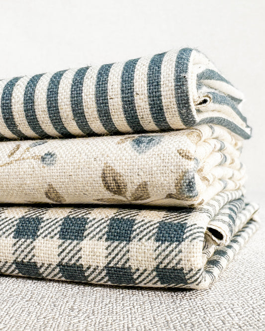 3 cortes Fat quarter de algodão com linho estampado azul petróleo