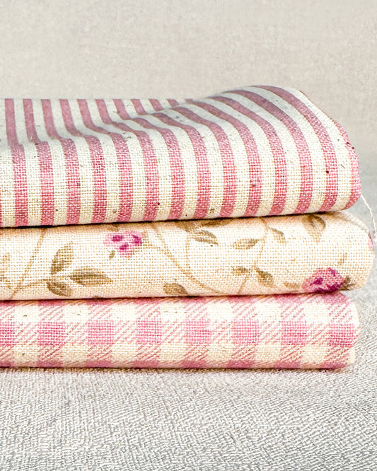 3 cortes Fat quarter de algodão com linho estampado rosa