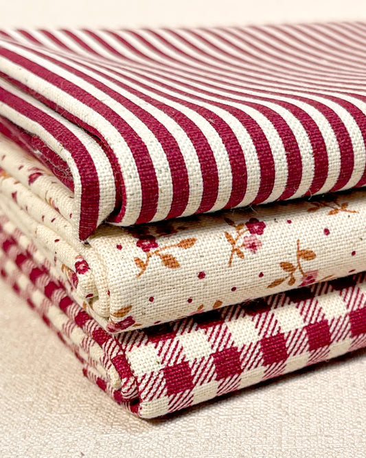 3 cortes Fat quarter de algodão com linho estampado vinho