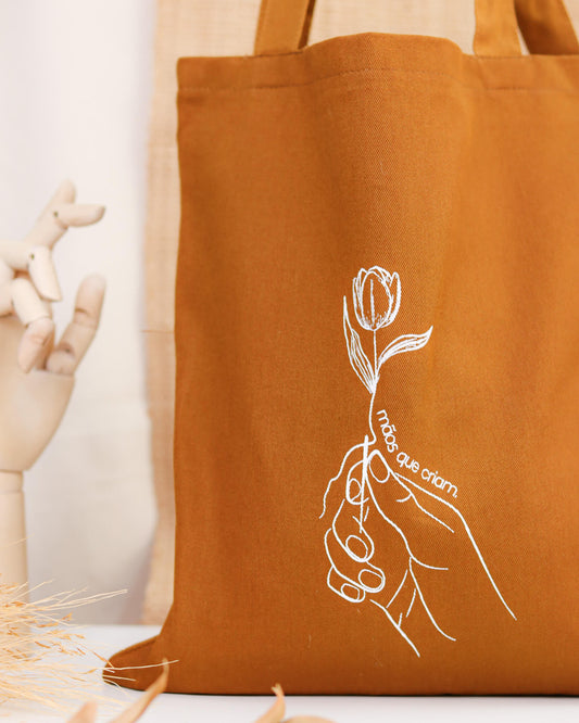 Ecobag - 100% Algodão Mostarda com Estampa Autoral | Mãos que Criam