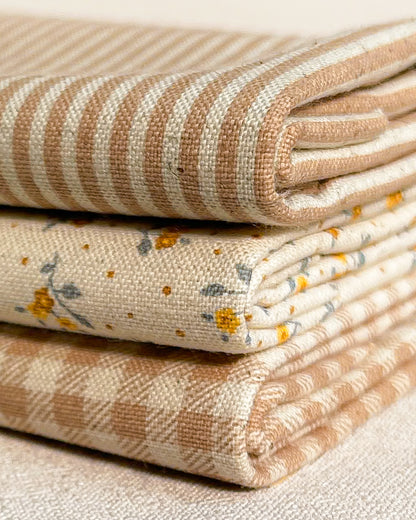 3 cortes Fat quarter de algodão com linho estampado bege
