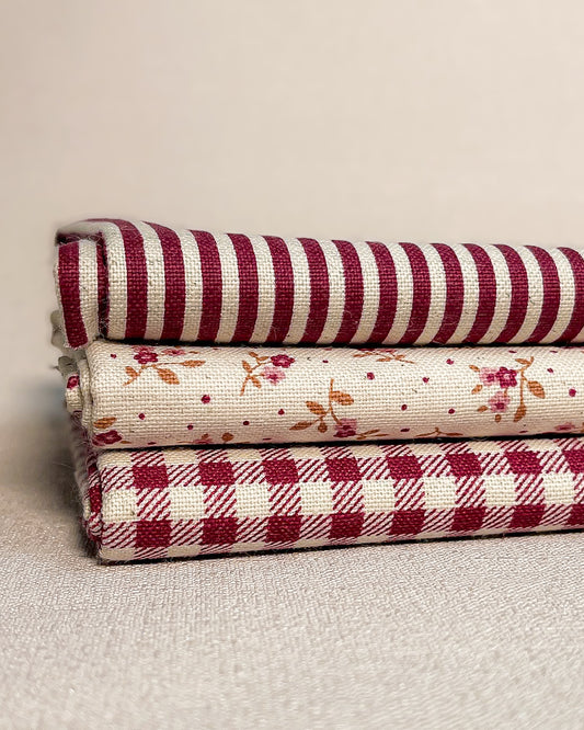 3 cortes Fat quarter de algodão com linho estampado vinho