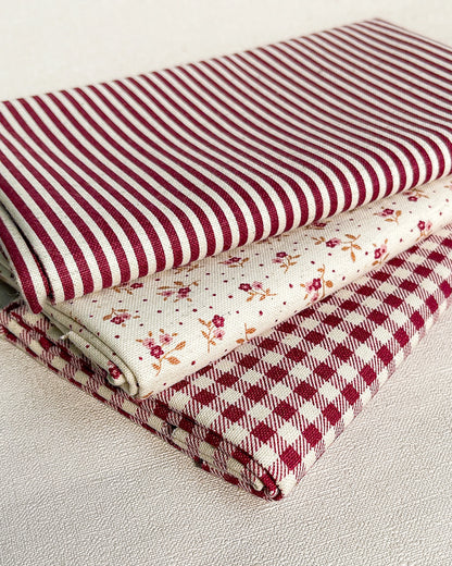 3 cortes Fat quarter de algodão com linho estampado vinho