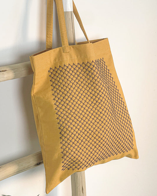 Bolsa de algodão com linho bordada a mão sashiko | Peça única - Acervo