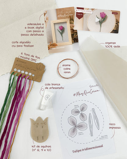 Kit Quero Bordar Tulipa 3D - Material completo + vídeo aulas | Mãos que Criam