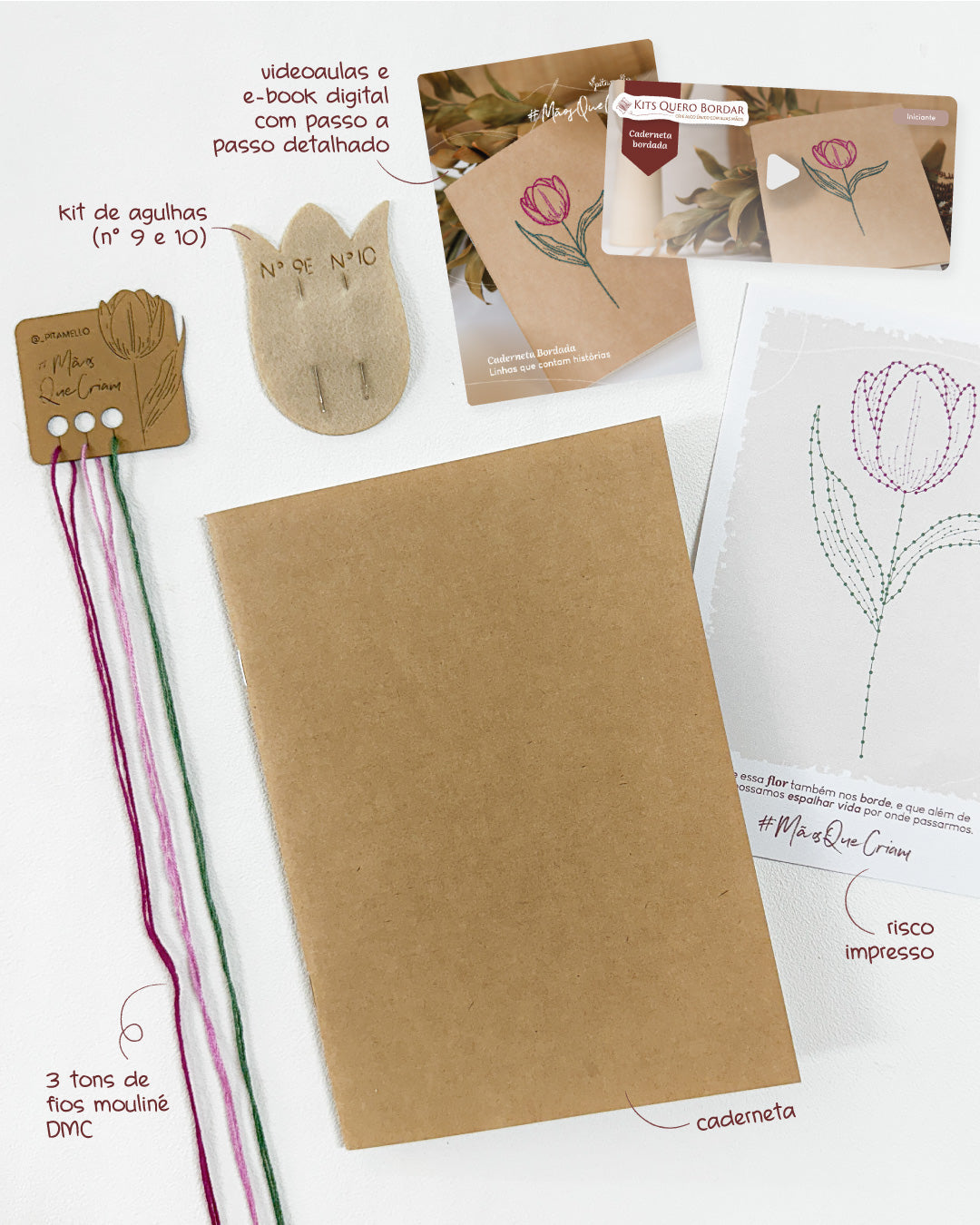 Kit Quero Bordar Caderneta Tulipa - Material completo + vídeo aulas | Mãos que Criam