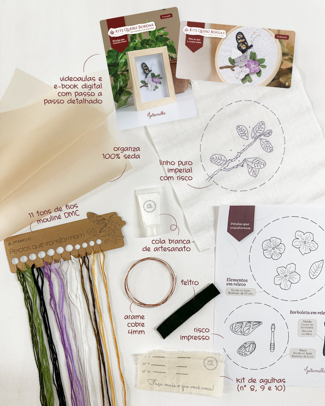 Kit Quero Bordar Manacá e Borboleta 3D - Material completo + vídeo aulas