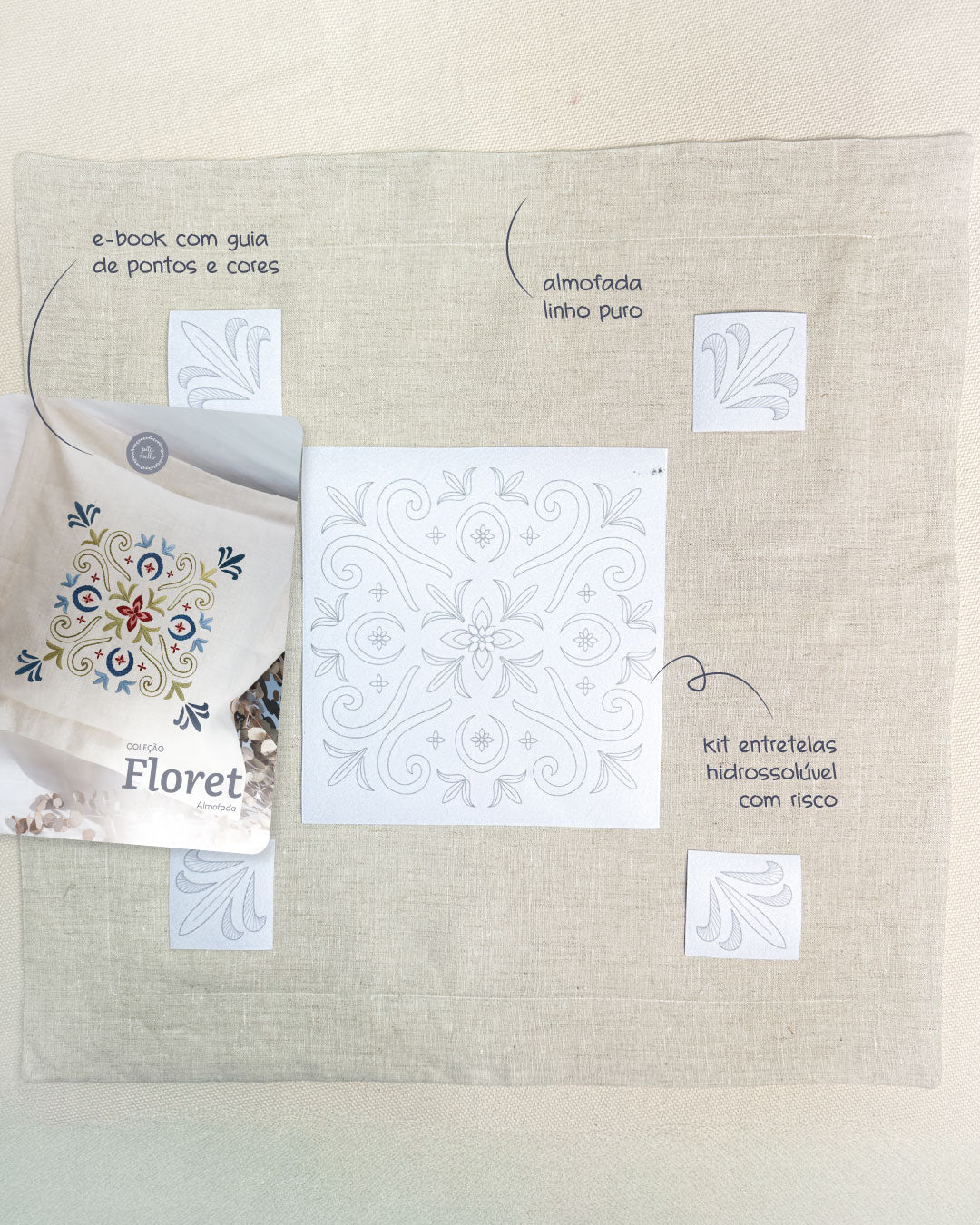 Capa de almofada natural + entretela adesiva com risco + E-book Coleção Floret