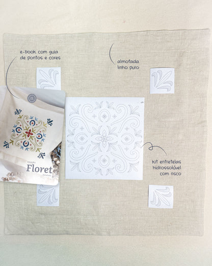 Capa de almofada natural + entretela adesiva com risco + E-book Coleção Floret
