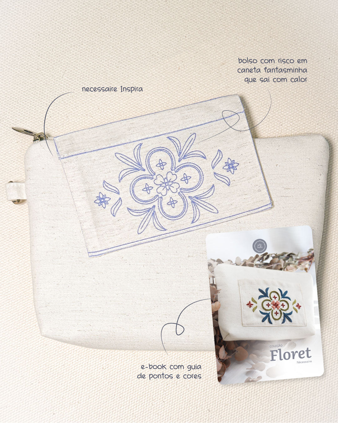 Necessaire inspira cru + risco + E-book Coleção Floret