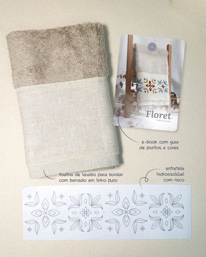 Toalha de lavabo bege + entretela adesiva com risco + E-book Coleção Floret