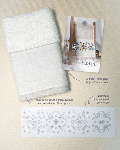 Toalha de lavabo branca + entretela adesiva com risco + E-book Coleção Floret