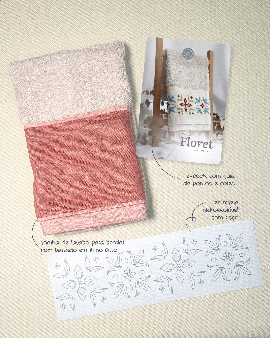 Toalha de lavabo rosa + entretela adesiva com risco + E-book Coleção Floret