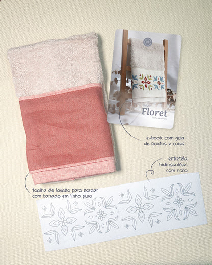 Toalha de lavabo rosa + entretela adesiva com risco + E-book Coleção Floret